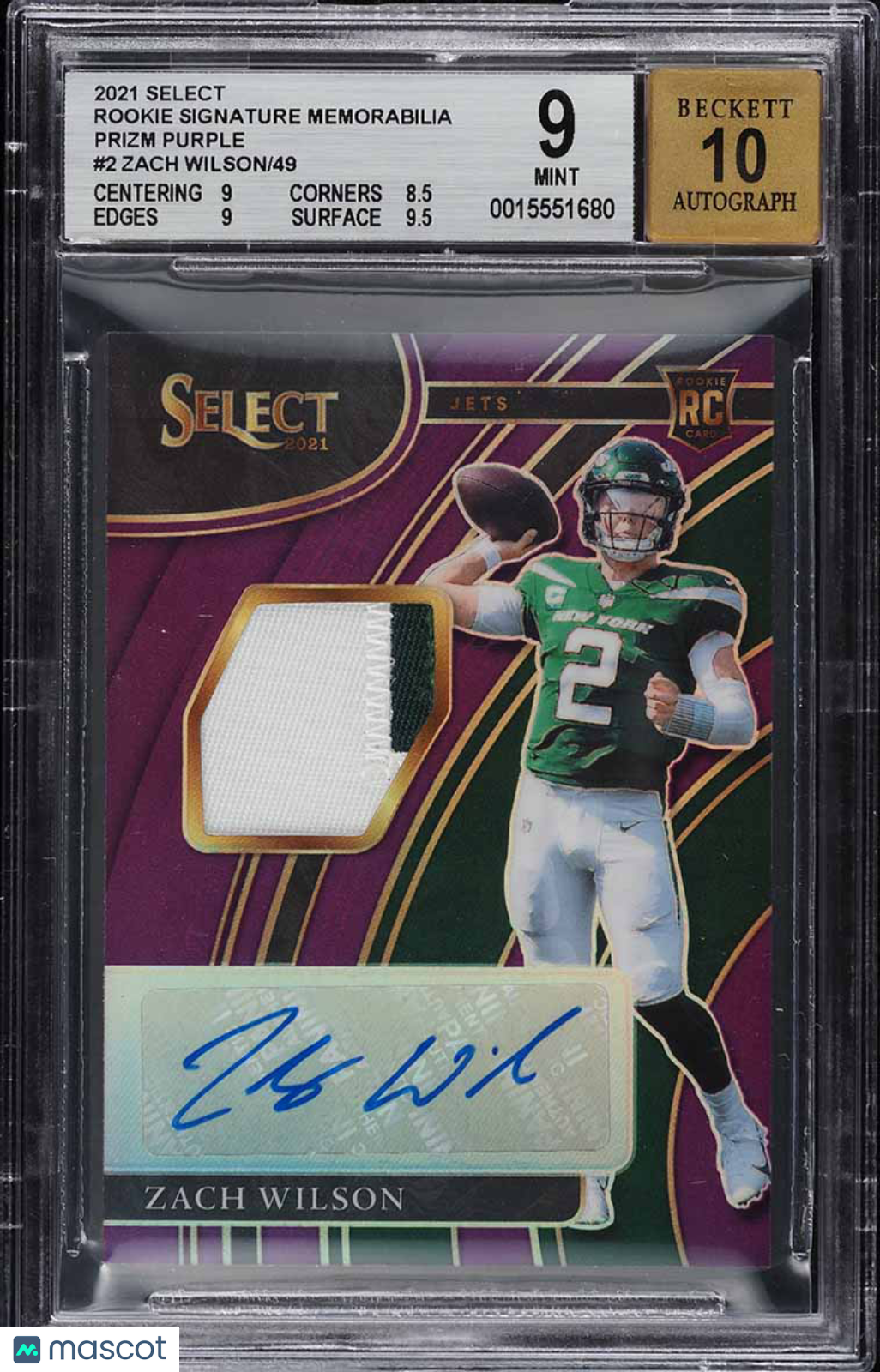 2021 Select Rookie Signature Memorabilia Prizm Purple Zach Wilson #2 /49 BGS 9 Select