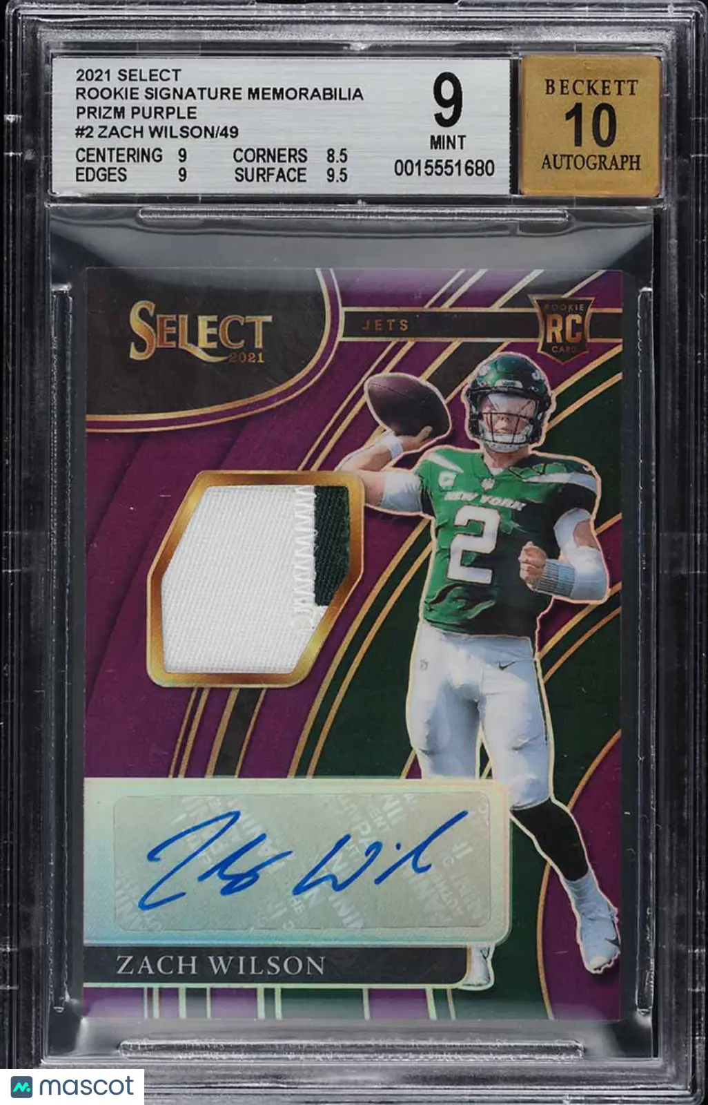 2021 Select Rookie Sig Memorabilia Prizm Purple Zach Wilson #2 /49 BGS 9 Auto 10 Select