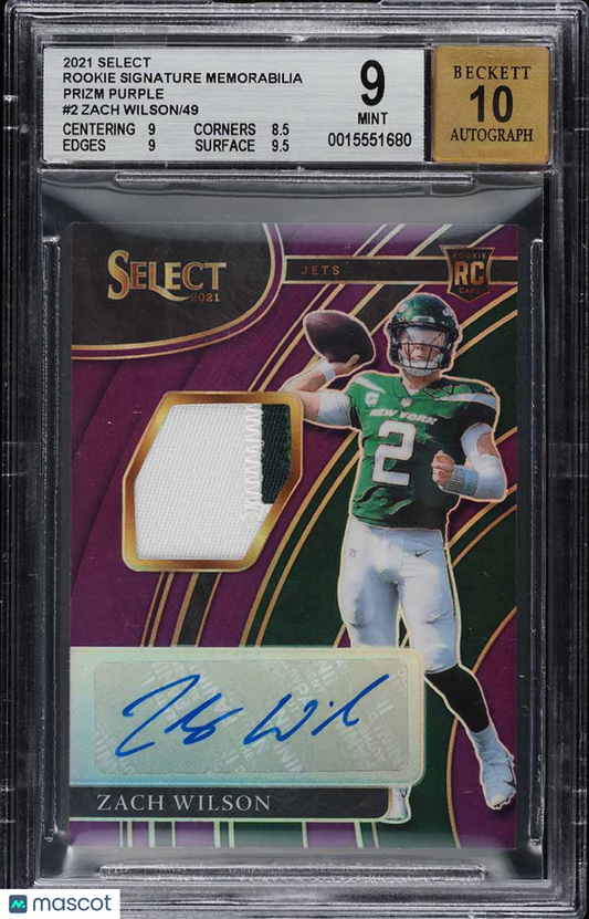 2021 Select Rookie Signature Memorabilia Prizm Purple Zach Wilson #2 /49 BGS 9