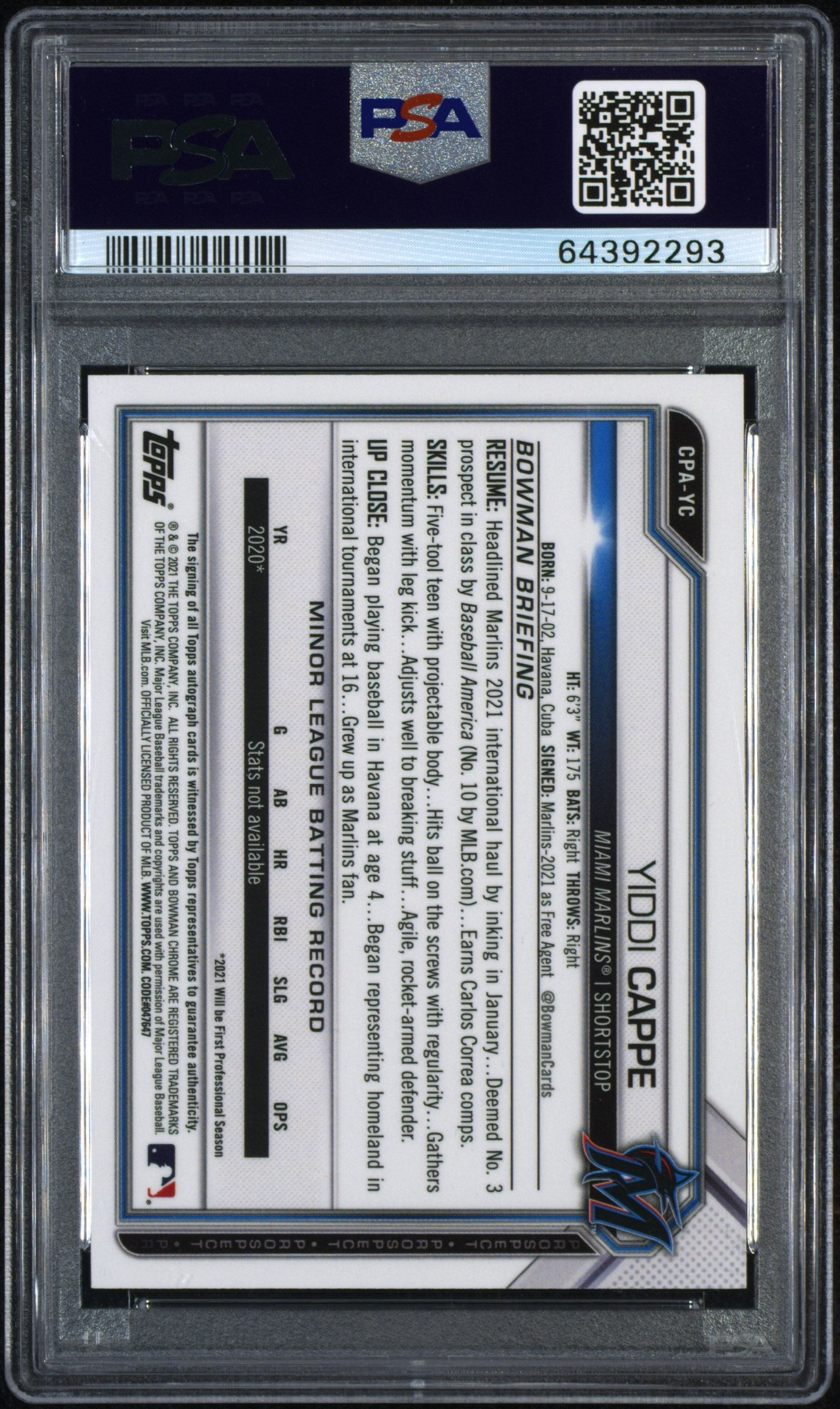 2021 Bowman Chrome Prospect Autographs Yiddi Cappe #CPAYC Yellow 15/75 PSA 9