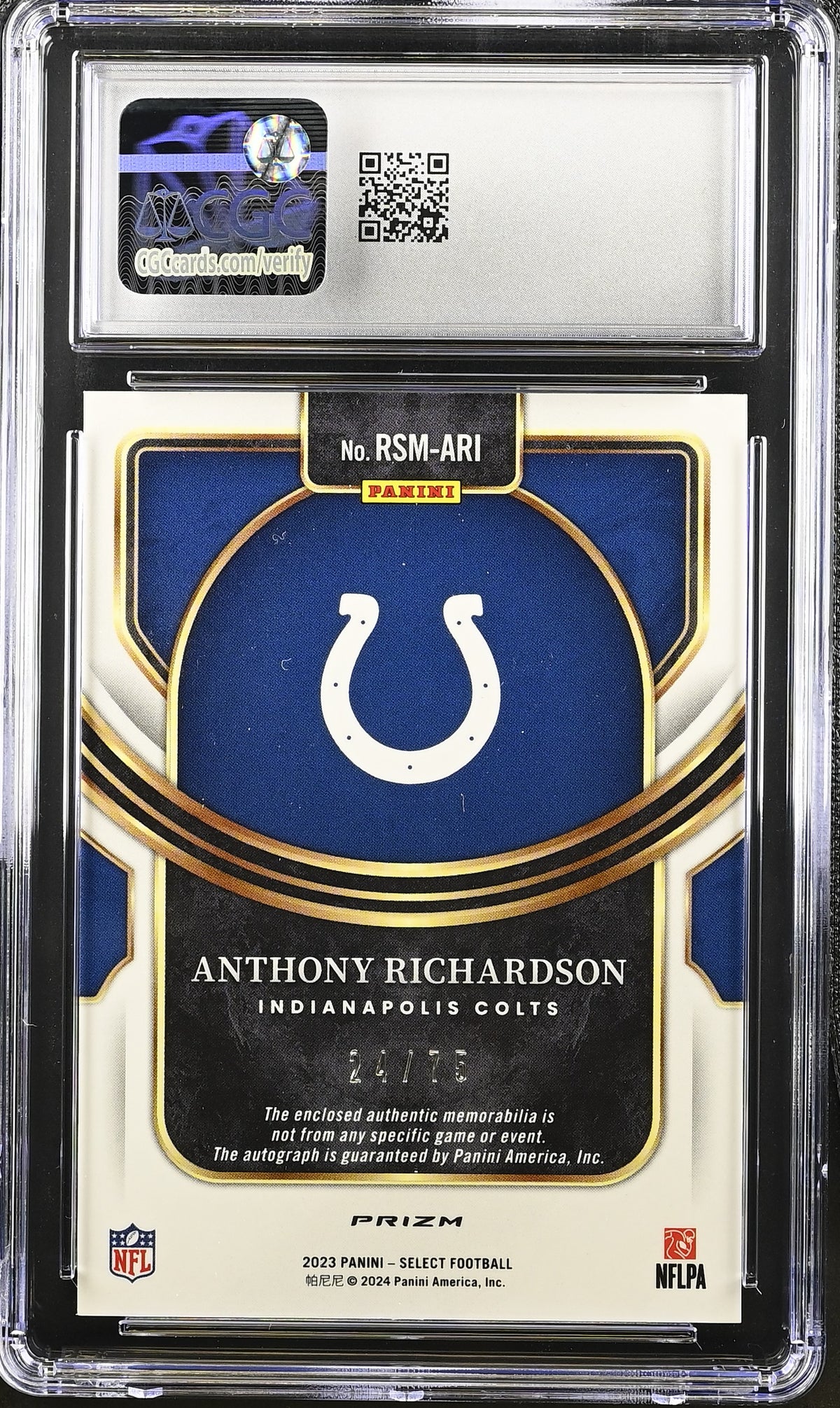 2023 Panini Select Anthony Richardson #RSM-ARI Blue Rookie Signature Memorabilia CGC 8 Auto 10