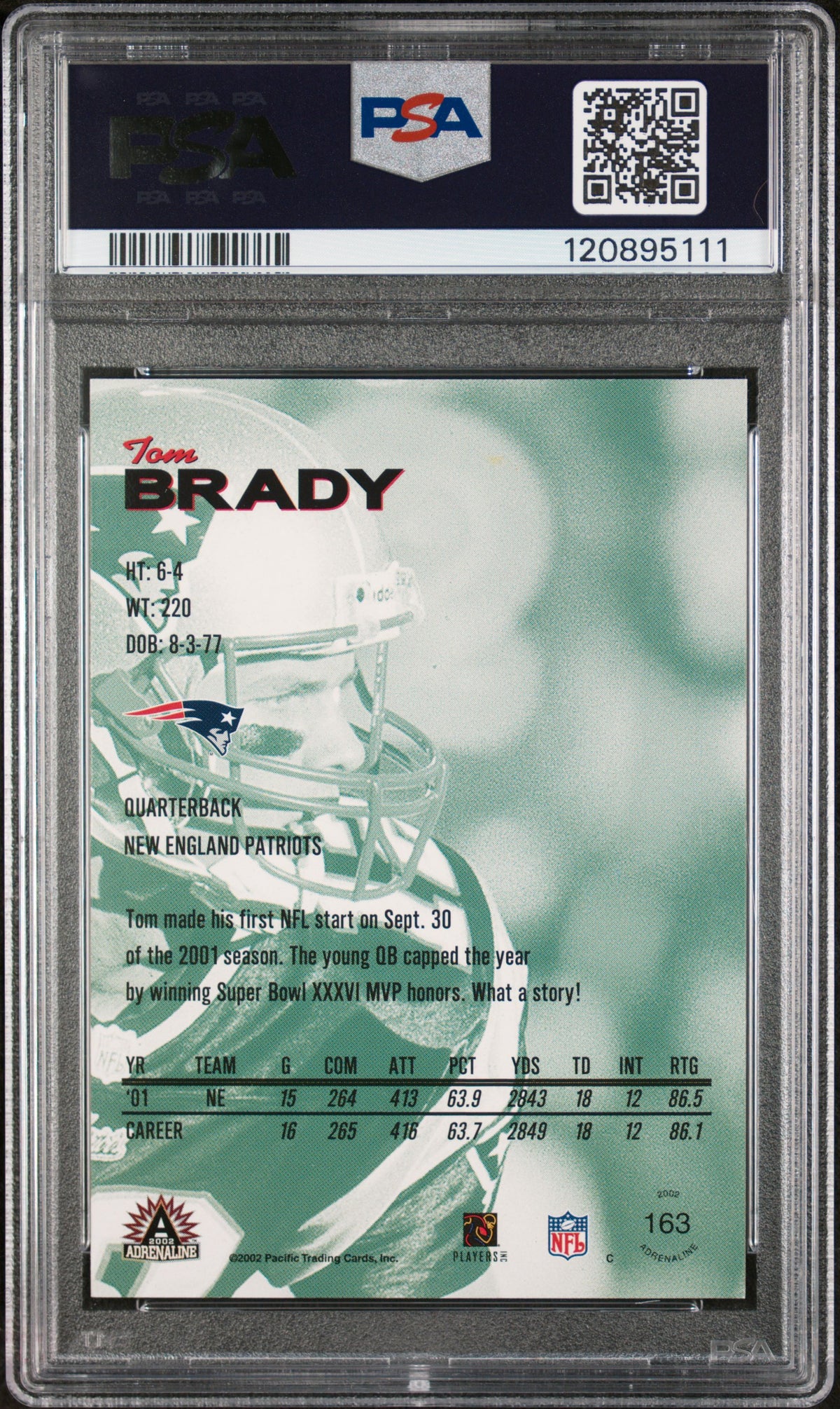 2002 Pacific Adrenaline Tom Brady #163 PSA 9
