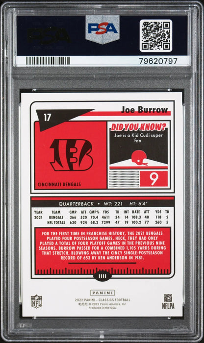2022 Panini Classics Joe Burrow #17 Red Back PSA 10 Panini