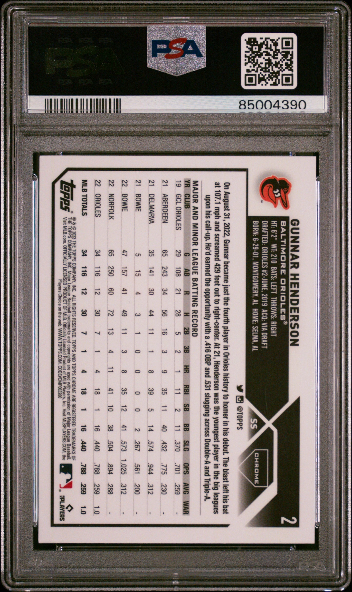 2023 Topps Chrome Logofractor Gunnar Henderson #2 Pink Refractor 107/199 PSA 10