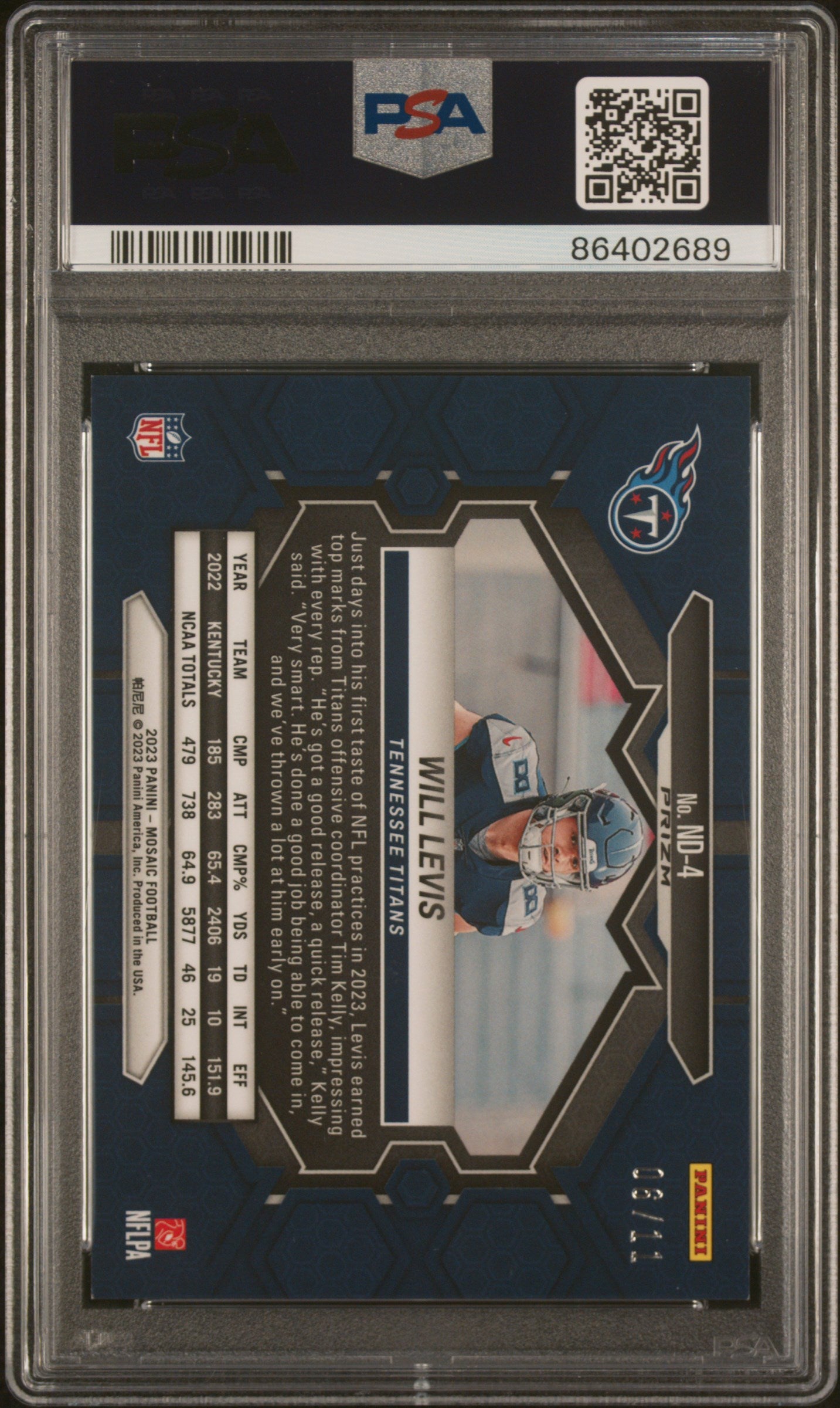 2023 Panini Mosaic NFL Debut Will Levis #ND4 Pink Swirl PSA 9