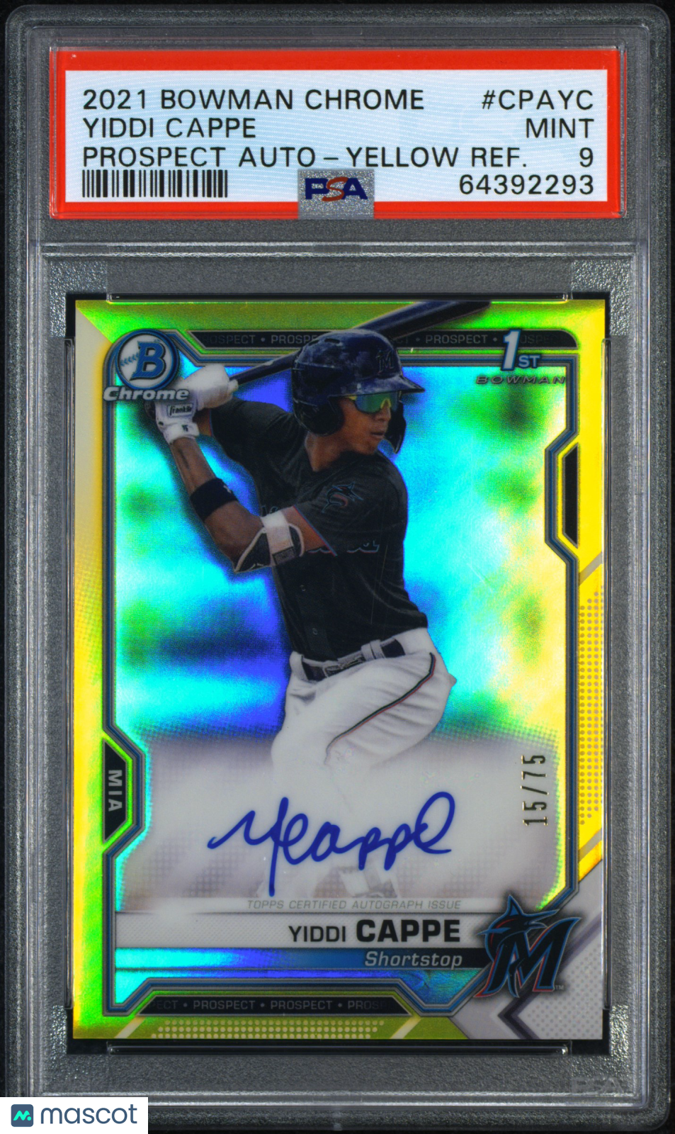 2021 Bowman Chrome Prospect Autographs Yiddi Cappe #CPAYC Yellow 15/75 PSA 9