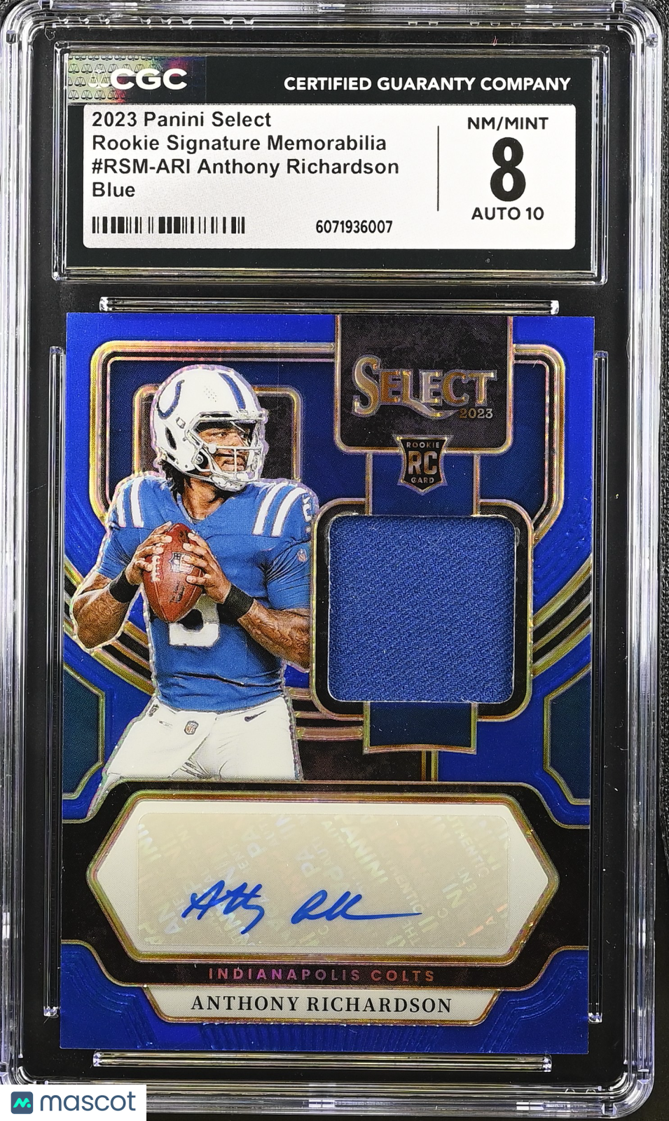 2023 Panini Select Anthony Richardson #RSM-ARI Blue Rookie Signature Memorabilia CGC 8 Auto 10