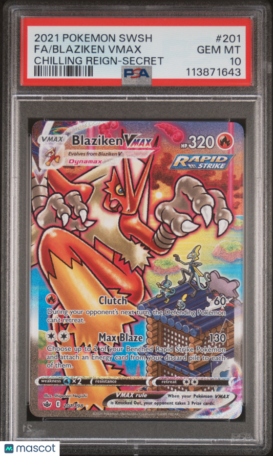 2021 Pokemon Blaziken Vmax Fa #201 Chilling Reign-Secret PSA 10 Pokemon
