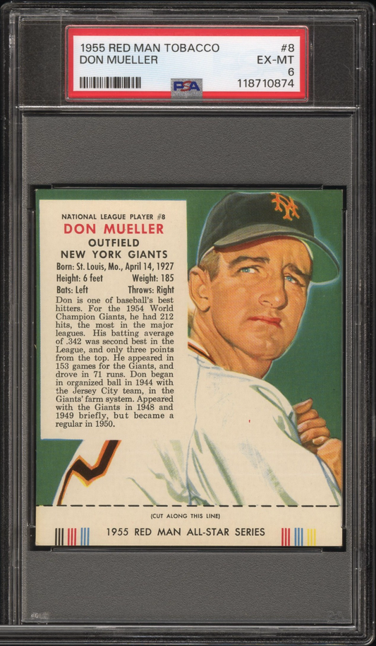 1955 Red Man Tobacco Don Mueller #8 PSA 6 – front