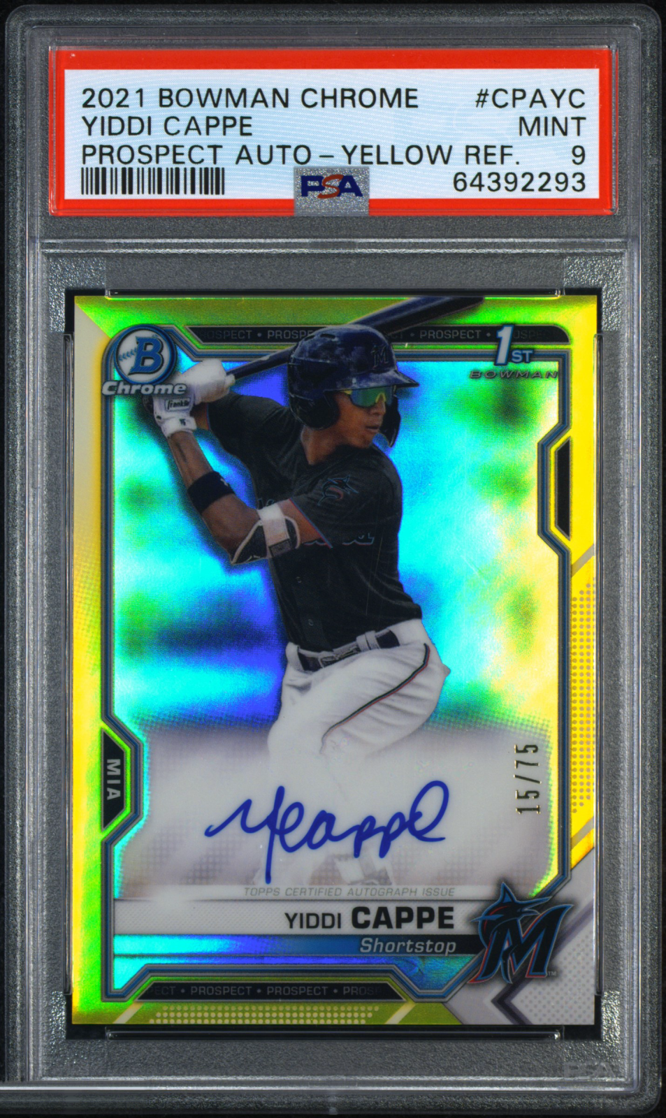 2021 Bowman Chrome Prospect Autographs Yiddi Cappe #CPAYC Yellow 15/75 PSA 9 – front