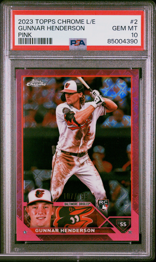 2023 Topps Chrome Logofractor Gunnar Henderson #2 Pink Refractor 107/199 PSA 10 – front