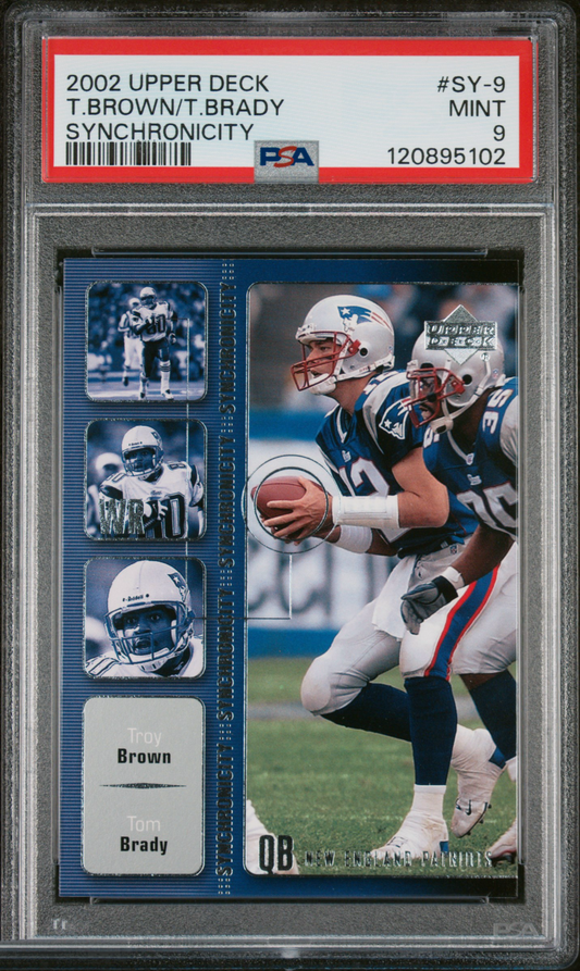 2002 Upper Deck Synchronicity T. Brady T. Brown #SY-9 PSA 9 – front