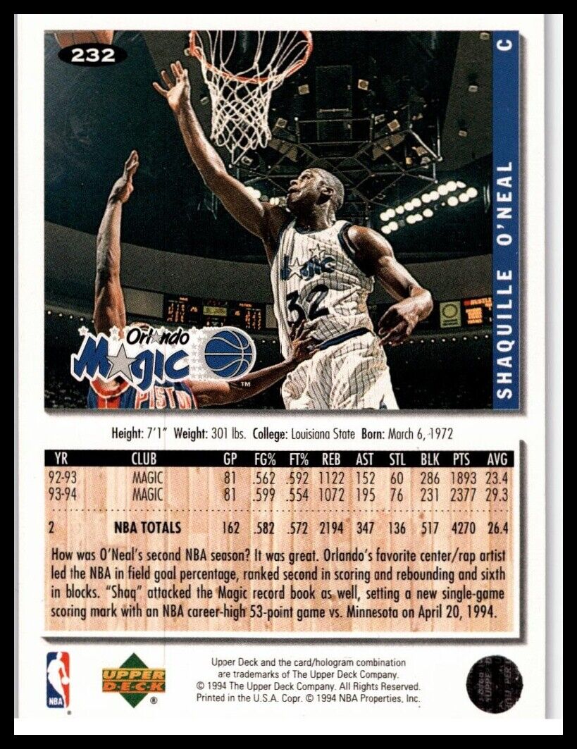 1994-95 collector's choice #232 shaquille o'neal